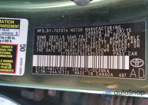 2016 Toyota Corolla L из США, поврежденный, VIN 2T1BURHE8GC495050